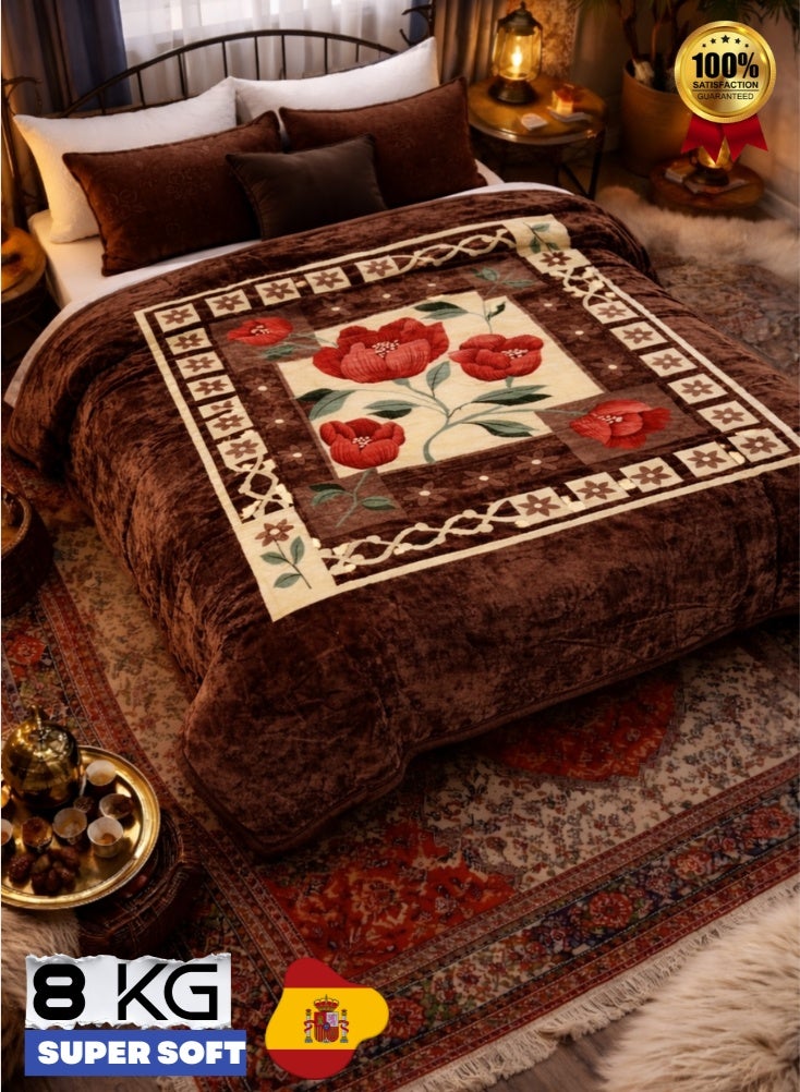 بريميم بطانية شتوية فاخرة ناعمة جداً بوزن **٨ كجم** بنقشة زهور بنية – مقاس **٢٤٠ × ٢٢٠ سم** بطبقتين – بطانية سرير سميكة وفخمة بنقشة ورد أنيقة مصنوعة من مواد عالية الجودة. - Image 2