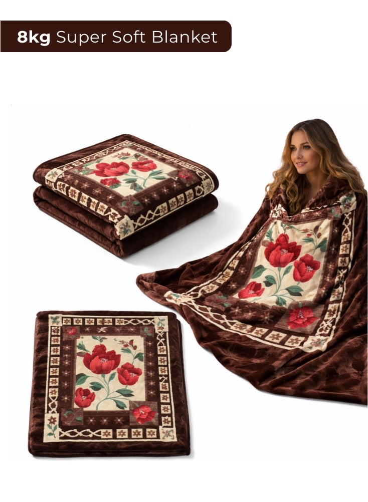 بريميم بطانية شتوية فاخرة ناعمة جداً بوزن **٨ كجم** بنقشة زهور بنية – مقاس **٢٤٠ × ٢٢٠ سم** بطبقتين – بطانية سرير سميكة وفخمة بنقشة ورد أنيقة مصنوعة من مواد عالية الجودة. - Image 1