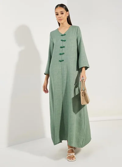 Styli Decorative Button Detail V Neck Jalabiya