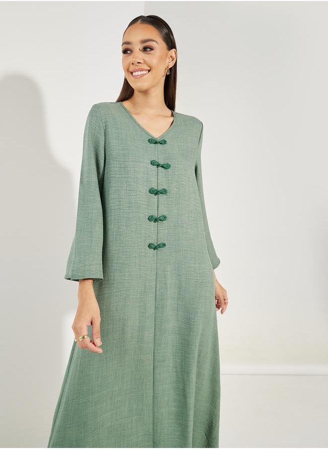 Styli Decorative Button Detail V Neck Jalabiya  - Image 2