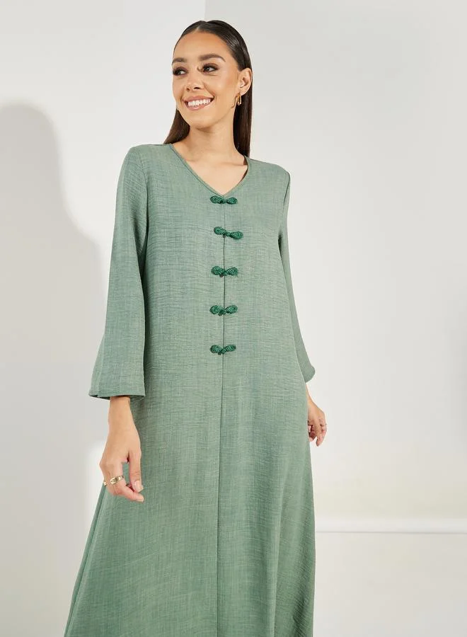 Amirah Decorative Button Detail V Neck Jalabiya