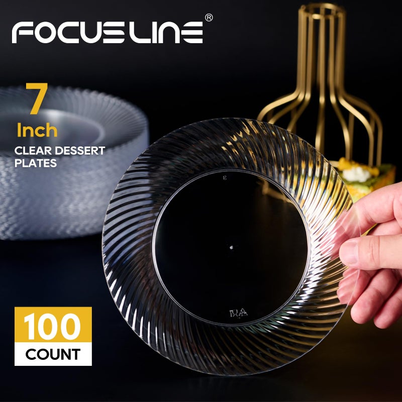 FOCUSLINE 7 Inch Clear Plastic Plates, 100 Count Disposable Heavy Duty Salad Dessert Plates, Premium Hard Plastic for Weddings, Parties & Events - Image 2