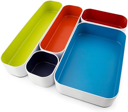 Three by Three Seattle 5 Piece Metal Organizer Tray Set for Storing Makeup, Stationery, Utensils, and More in Office Desk, Kitchen and Bathroom Drawers (2 Inch, Assorted Colors) - Image 1