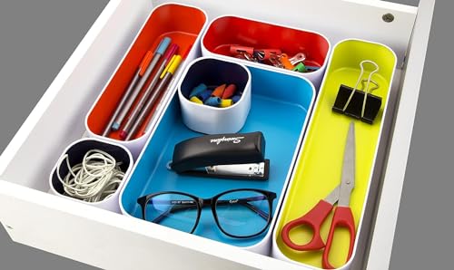 Three by Three Seattle 5 Piece Metal Organizer Tray Set for Storing Makeup, Stationery, Utensils, and More in Office Desk, Kitchen and Bathroom Drawers (2 Inch, Assorted Colors) - Image 3