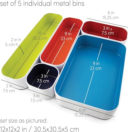 Three by Three Seattle 5 Piece Metal Organizer Tray Set for Storing Makeup, Stationery, Utensils, and More in Office Desk, Kitchen and Bathroom Drawers (2 Inch, Assorted Colors) - Image 2