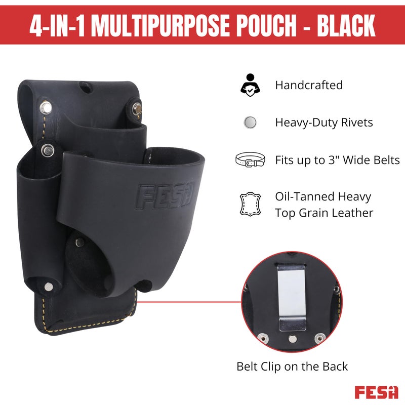 FESA Leather Tape Measure Holder - 4-in-1 Heavy Top Grain Leather Small Tool Pouch with Heavy Duty Rivets & Stitching - 2 Ways to Attach - Fits Any Belt - Handcrafted (Black - with Tape Pocket) - Image 2
