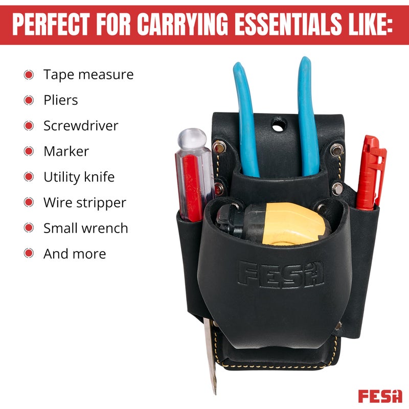 FESA Leather Tape Measure Holder - 4-in-1 Heavy Top Grain Leather Small Tool Pouch with Heavy Duty Rivets & Stitching - 2 Ways to Attach - Fits Any Belt - Handcrafted (Black - with Tape Pocket) - Image 5