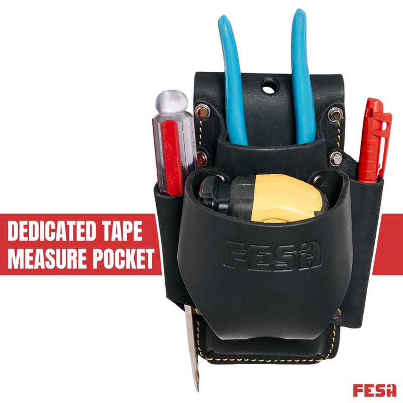 FESA Leather Tape Measure Holder - 4-in-1 Heavy Top Grain Leather Small Tool Pouch with Heavy Duty Rivets & Stitching - 2 Ways to Attach - Fits Any Belt - Handcrafted (Black - with Tape Pocket) - Image 3