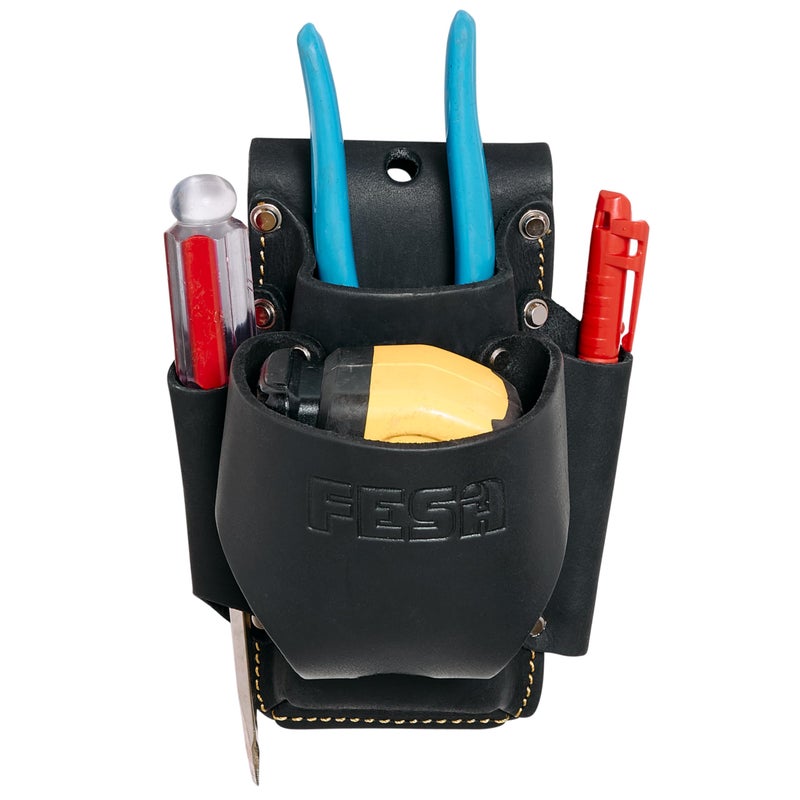 FESA Leather Tape Measure Holder - 4-in-1 Heavy Top Grain Leather Small Tool Pouch with Heavy Duty Rivets & Stitching - 2 Ways to Attach - Fits Any Belt - Handcrafted (Black - with Tape Pocket) - Image 1