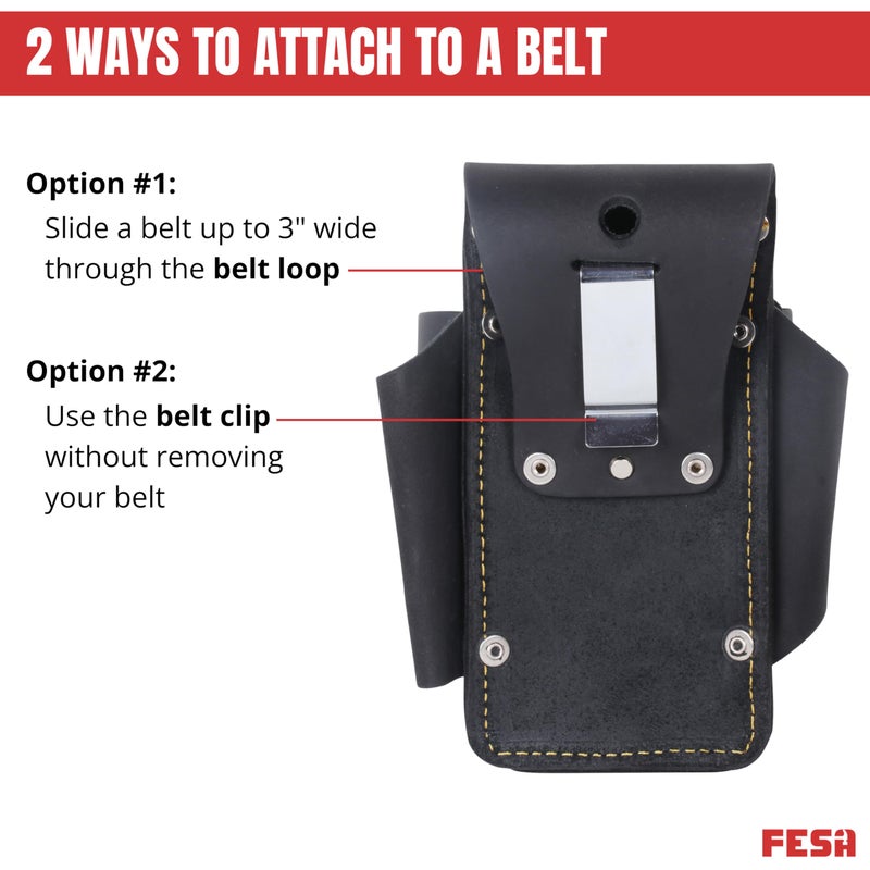FESA Leather Tape Measure Holder - 4-in-1 Heavy Top Grain Leather Small Tool Pouch with Heavy Duty Rivets & Stitching - 2 Ways to Attach - Fits Any Belt - Handcrafted (Black - with Tape Pocket) - Image 4