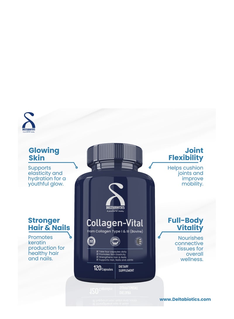 Deltabiotics Collagen Vital - Bovine Type I & III Collagen for Skin, Hair & Joint Health 120 Capsules  - Image 3