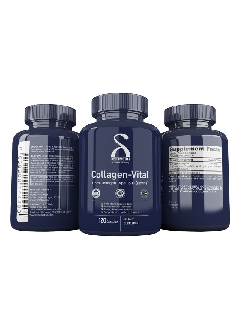 Deltabiotics Collagen Vital - Bovine Type I & III Collagen for Skin, Hair & Joint Health 120 Capsules  - Image 4