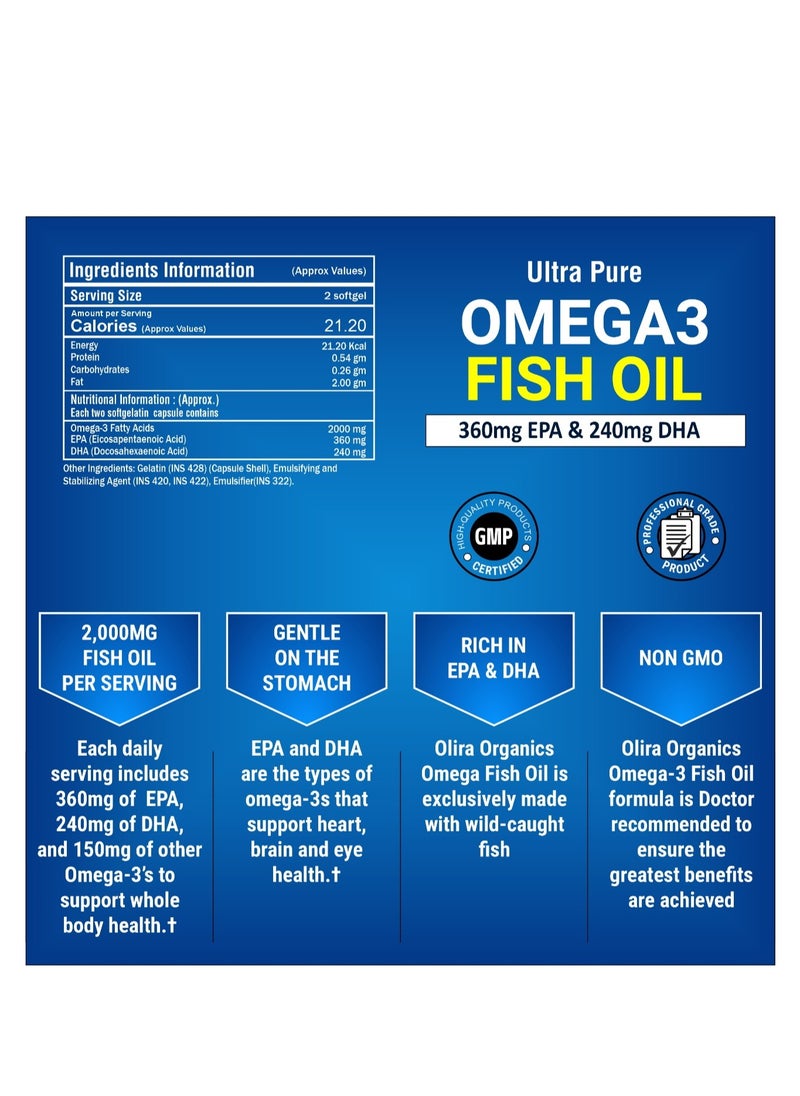 Olira Organics Omega 3 2000mg Double Strength Fish oil 200 Softgels | Promotes Heart and Brain Health  - Image 2