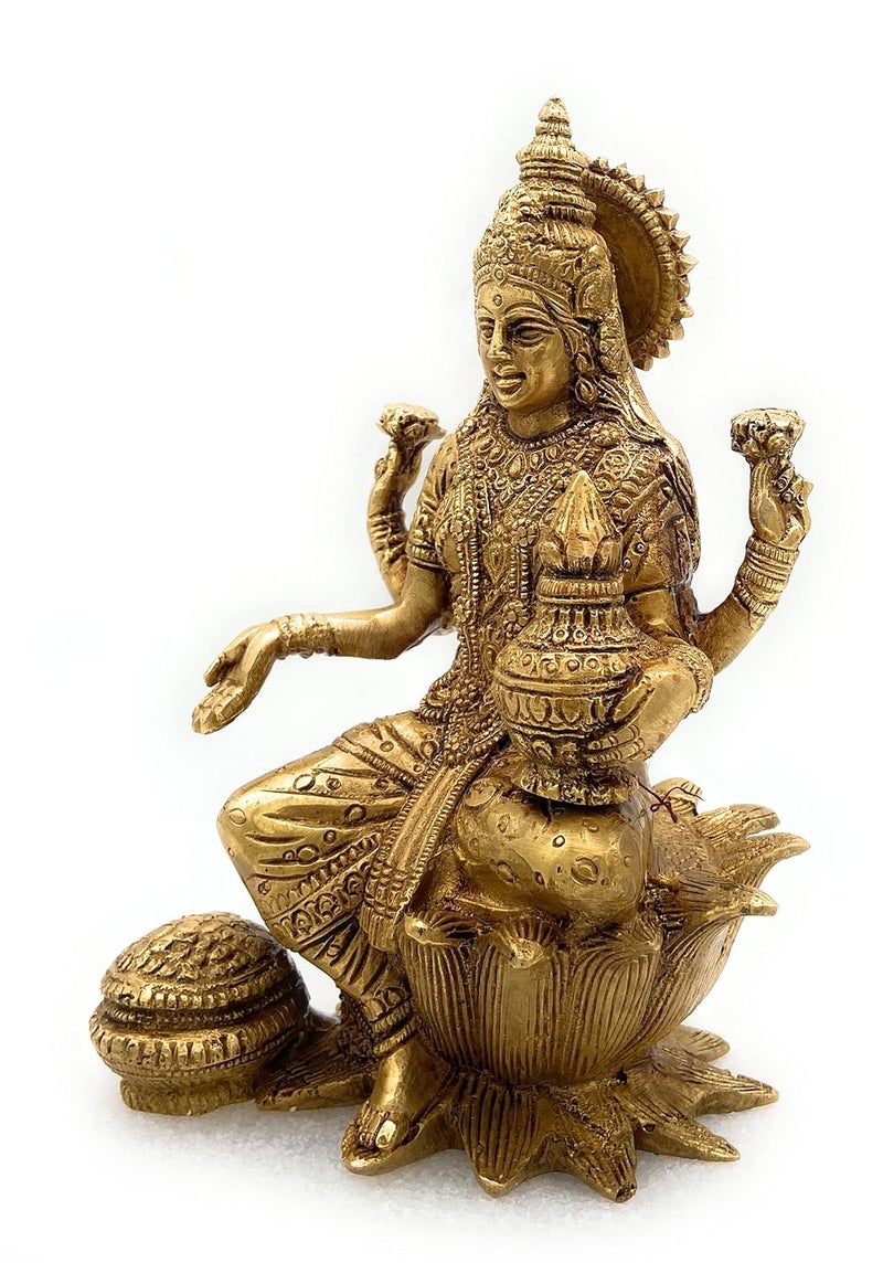 Bhunes Brass Goddess Laxmi Idol Lakshmi Statue Sitting On Lotus Maha Laxmi Ji Ki Murti for Home Puja Decor VigrahaGold 7 Inch 1 Piece - Image 2