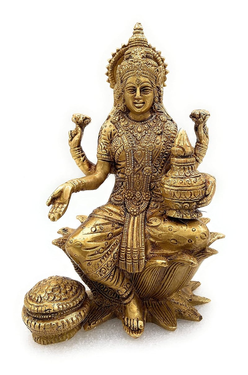 Bhunes Brass Goddess Laxmi Idol Lakshmi Statue Sitting On Lotus Maha Laxmi Ji Ki Murti for Home Puja Decor VigrahaGold 7 Inch 1 Piece - Image 1