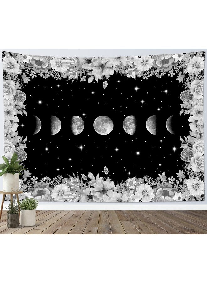 LB Moon Phase Floral Tapestry Black And White Moon Phase With Flowers In Space Tapestry For Bedroom Bright Stars Tapestry For Bedroom Wall Art For Living Room Dorm Home Decor 80 X 60 Inches  - Image 1