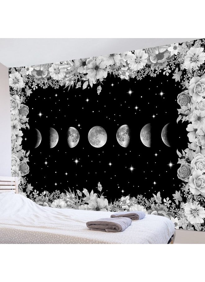 LB Moon Phase Floral Tapestry Black And White Moon Phase With Flowers In Space Tapestry For Bedroom Bright Stars Tapestry For Bedroom Wall Art For Living Room Dorm Home Decor 80 X 60 Inches  - Image 3