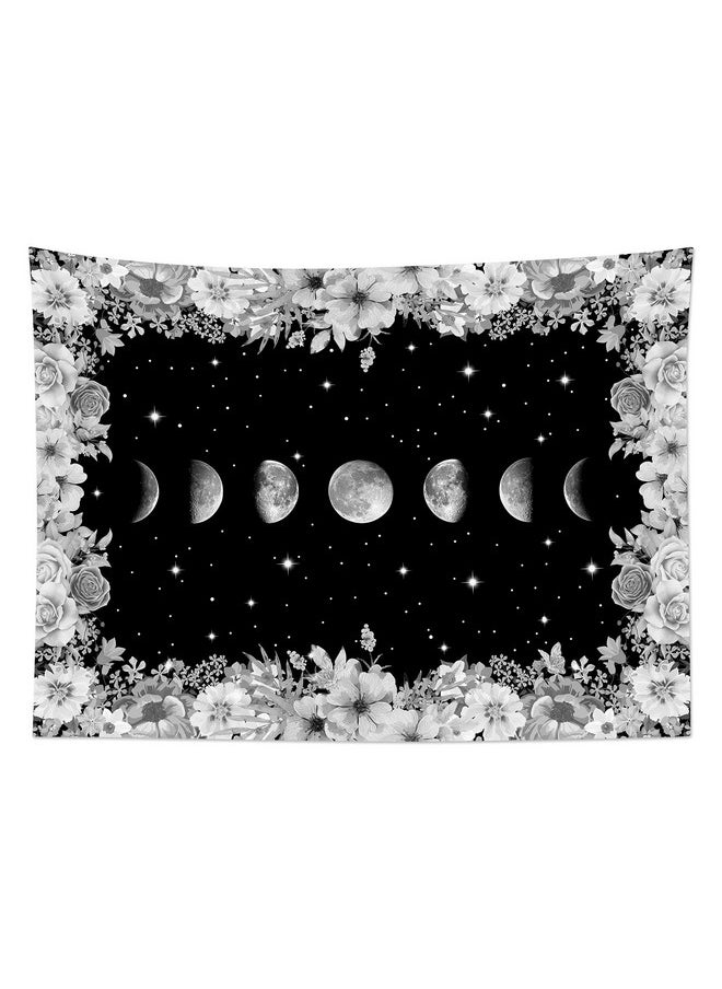 LB Moon Phase Floral Tapestry Black And White Moon Phase With Flowers In Space Tapestry For Bedroom Bright Stars Tapestry For Bedroom Wall Art For Living Room Dorm Home Decor 80 X 60 Inches  - Image 4