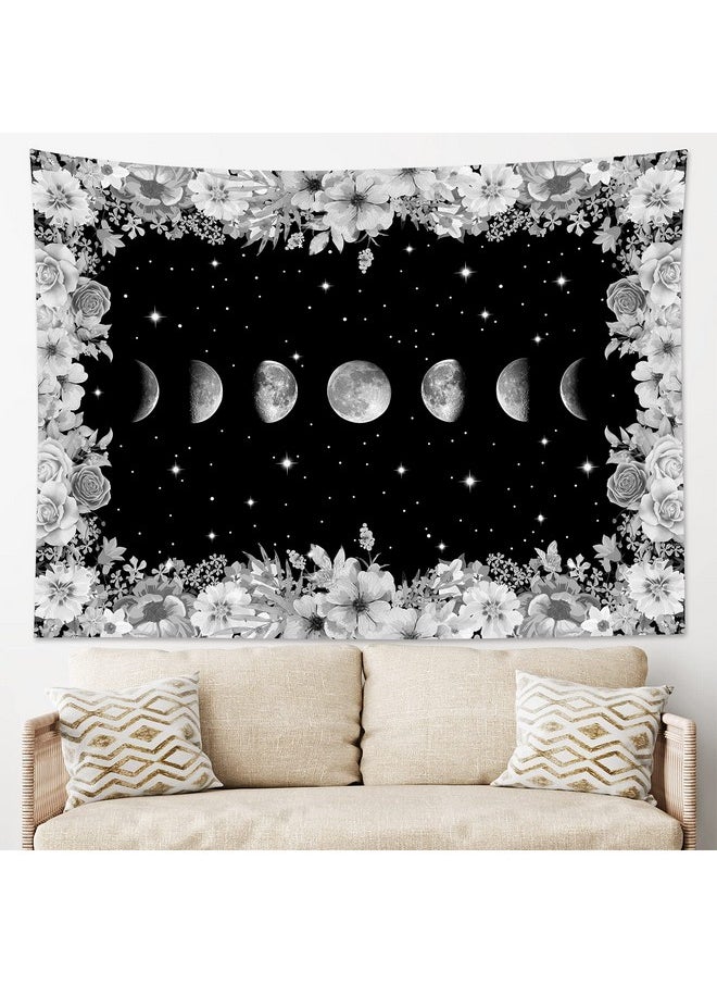 LB Moon Phase Floral Tapestry Black And White Moon Phase With Flowers In Space Tapestry For Bedroom Bright Stars Tapestry For Bedroom Wall Art For Living Room Dorm Home Decor 80 X 60 Inches  - Image 2