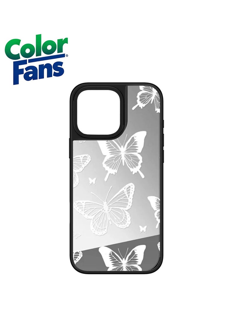 Butterfly Mirror Case - iPhone 15 Pro-Reflective Mirror with White Butterfly Accents
