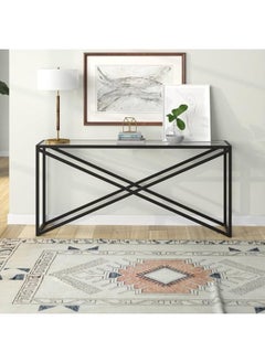 YINZUO YINZUO Modern Glass Console Table with Metal Frame, Black or Gold Finish, Available in Two Sizes – Clear Tempered Glass Top for Living Room, Entryway, Hallway, Office Décor (Matt Black, 120 cm)  - Image 3