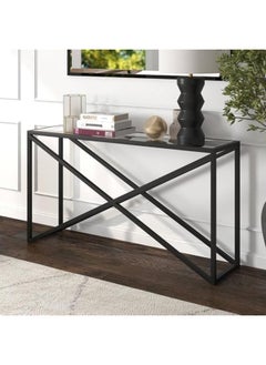 YINZUO YINZUO Modern Glass Console Table with Metal Frame, Black or Gold Finish, Available in Two Sizes – Clear Tempered Glass Top for Living Room, Entryway, Hallway, Office Décor (Matt Black, 120 cm)  - Image 1
