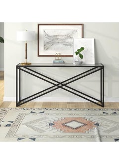 YINZUO YINZUO Modern Glass Console Table with Metal Frame, Black or Gold Finish, Available in Two Sizes – Clear Tempered Glass Top for Living Room, Entryway, Hallway, Office Décor (Matt Black, 120 cm)  - Image 4