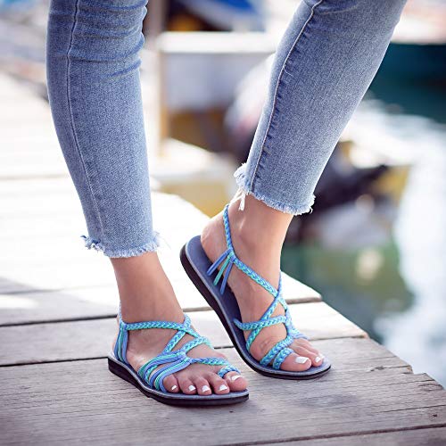 Plaka Palm Leaf Flat Summer Sandals for Women | Perfect for the Beach Walking & Dressy Occasions | Cornflower | Size 8 - Image 3