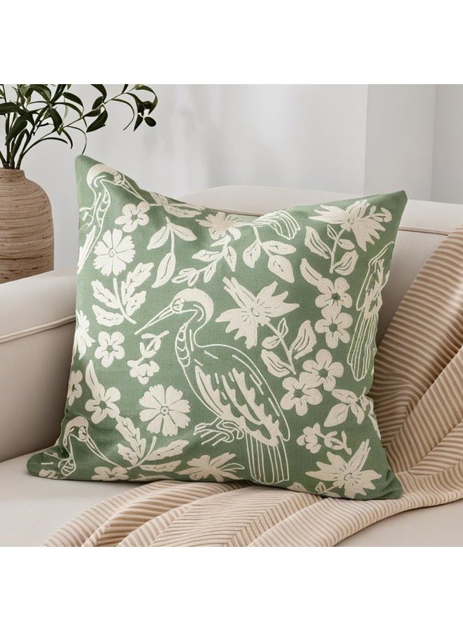 RinRinfam Floral Block Embroidered Faux Fur Pillow Cover 18x18, Boho Floral Herons Decorative Soft Fluffy Pillow Cushion Case,Modern Home Decor for Outdoor Couch Bedroom Car Green - Image 1
