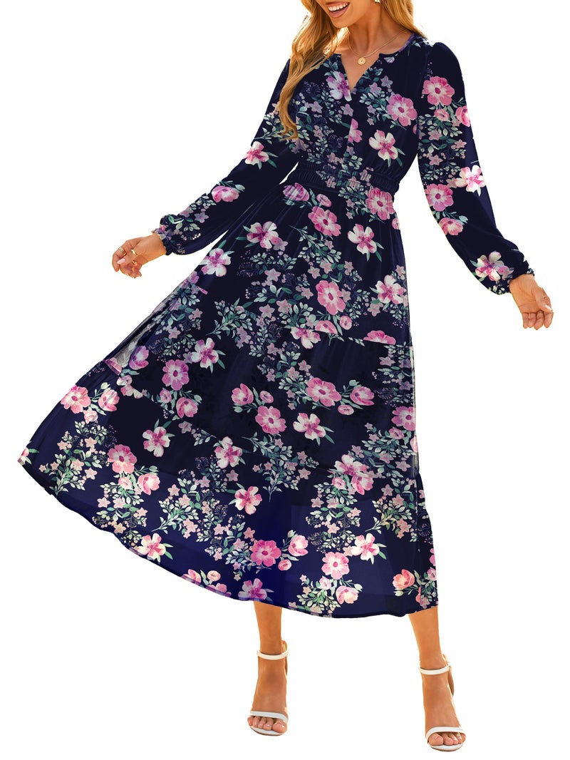 Simplee Women's Floral Boho Long Sleeve Maxi Dress V Neck Empire Waist Swing Flowy Wedding Guest Dress Navy Pink Floral L - Image 2
