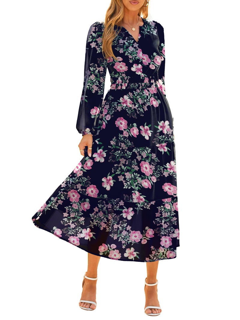 Simplee Women's Floral Boho Long Sleeve Maxi Dress V Neck Empire Waist Swing Flowy Wedding Guest Dress Navy Pink Floral L - Image 1