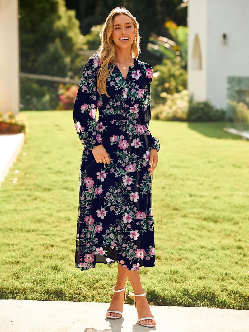 Simplee Women's Floral Boho Long Sleeve Maxi Dress V Neck Empire Waist Swing Flowy Wedding Guest Dress Navy Pink Floral L - Image 3