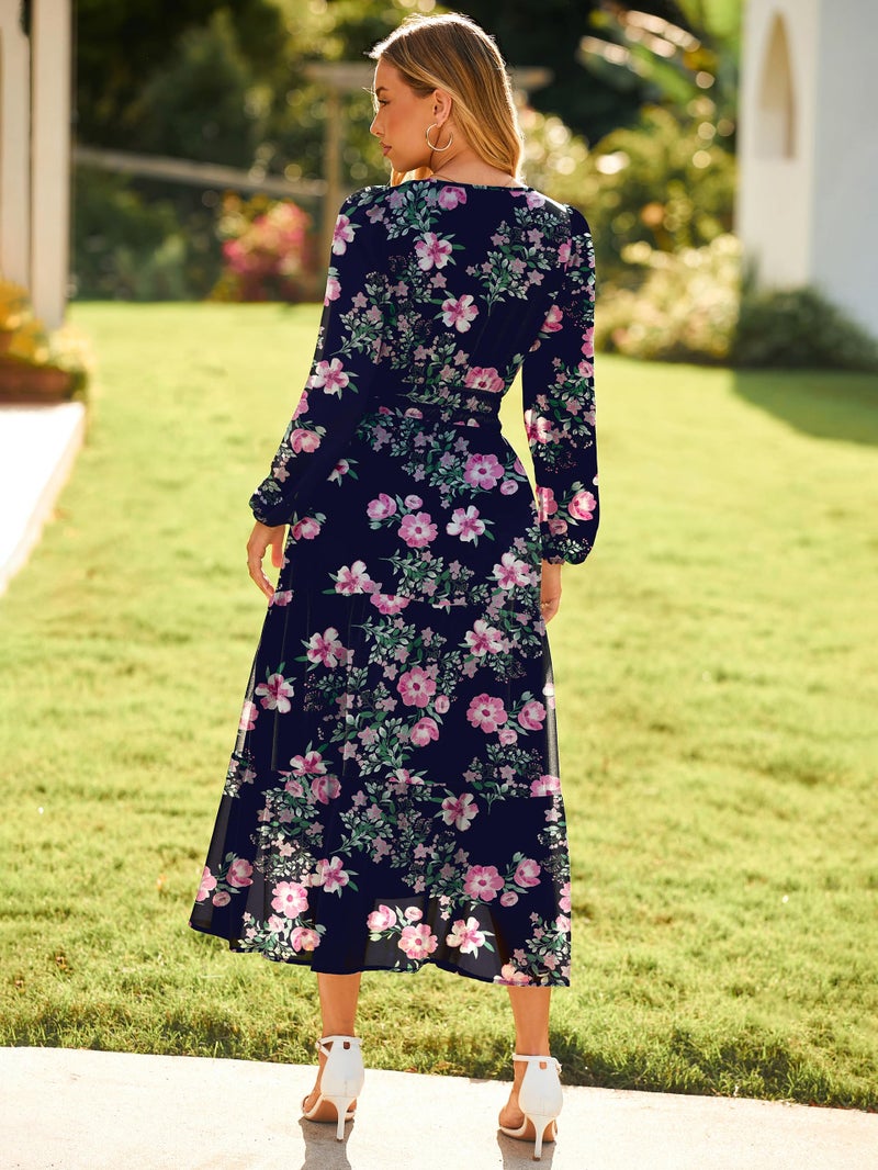 Simplee Women's Floral Boho Long Sleeve Maxi Dress V Neck Empire Waist Swing Flowy Wedding Guest Dress Navy Pink Floral L - Image 4