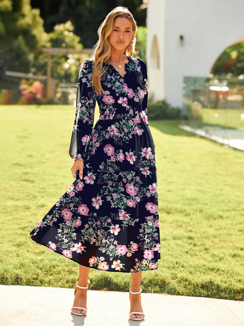 Simplee Women's Floral Boho Long Sleeve Maxi Dress V Neck Empire Waist Swing Flowy Wedding Guest Dress Navy Pink Floral L - Image 5