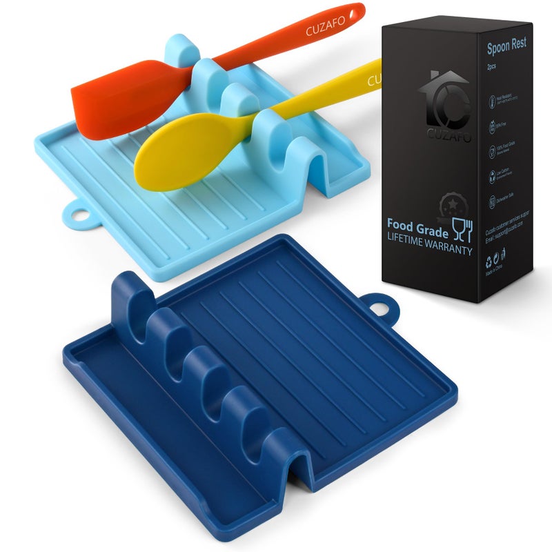 CUZAFO 2-PACK 600Â°F Heat Resistant Silicone Spoon Rest, Multiple Utensil Rest, BPA Free Easy to Clean Dishwasher Safe, Blue (Deep+Light) - Image 1