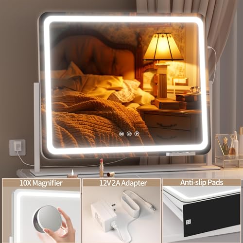 Hasipu 25" x21” LED Vanity Mirror with Lights - Makeup Mirrors with 10X Magnification, USB Charging, 3 Color Dimmable, 360° Rotation (White) - Image 4