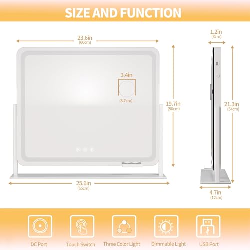 Hasipu 25" x21” LED Vanity Mirror with Lights - Makeup Mirrors with 10X Magnification, USB Charging, 3 Color Dimmable, 360° Rotation (White) - Image 5