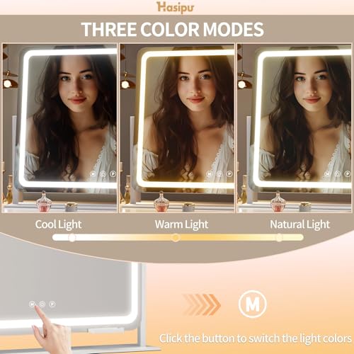 Hasipu 25" x21” LED Vanity Mirror with Lights - Makeup Mirrors with 10X Magnification, USB Charging, 3 Color Dimmable, 360° Rotation (White) - Image 2