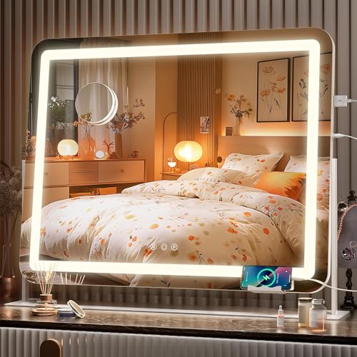 Hasipu 25" x21” LED Vanity Mirror with Lights - Makeup Mirrors with 10X Magnification, USB Charging, 3 Color Dimmable, 360° Rotation (White) - Image 1