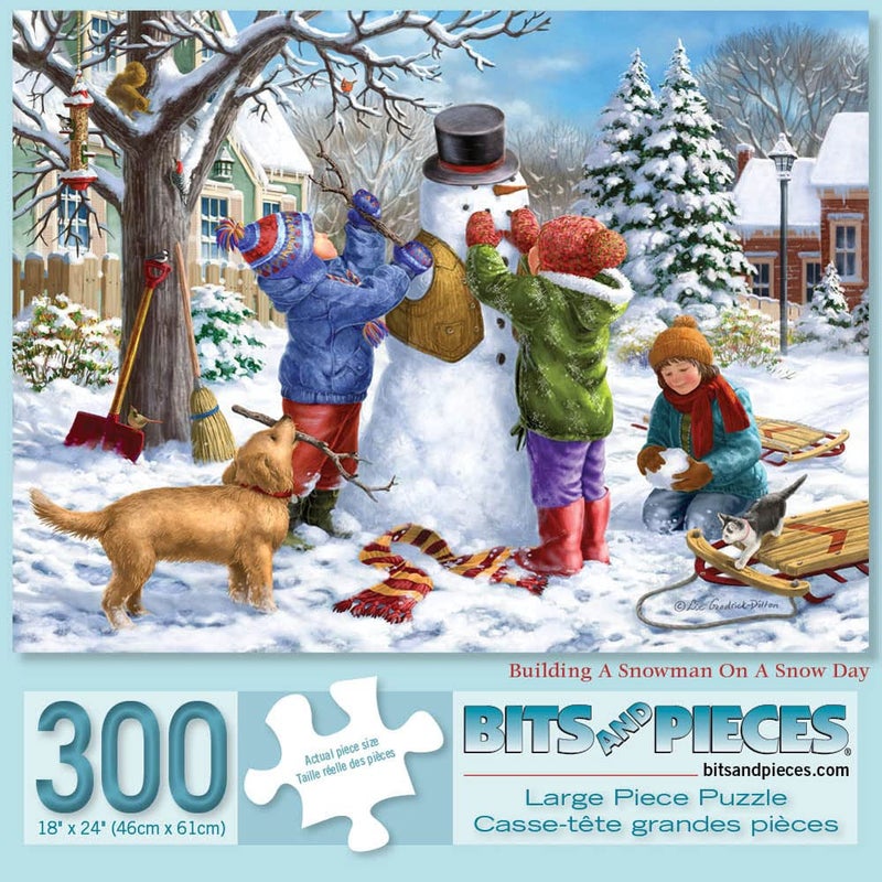 Bits and Pieces Large 300 Piece Jigsaw Puzzle for Adults Building a Snowman on a Snow Day Winter Scene Jigsaw Puzzle by Artist Liz Goodrick Dillon Completed Puzzle Size 18 x 24