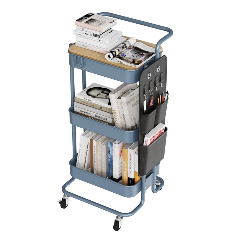 DTK 3 Tier Metal Utility Rolling Cart with Table Top and Side Bags, Metal Tray Storage Organizer Cart with Wheels, Art Craft Cart with 4 Hooks for Kitchen Bathroom Office Living Room (Blue) - Image 1