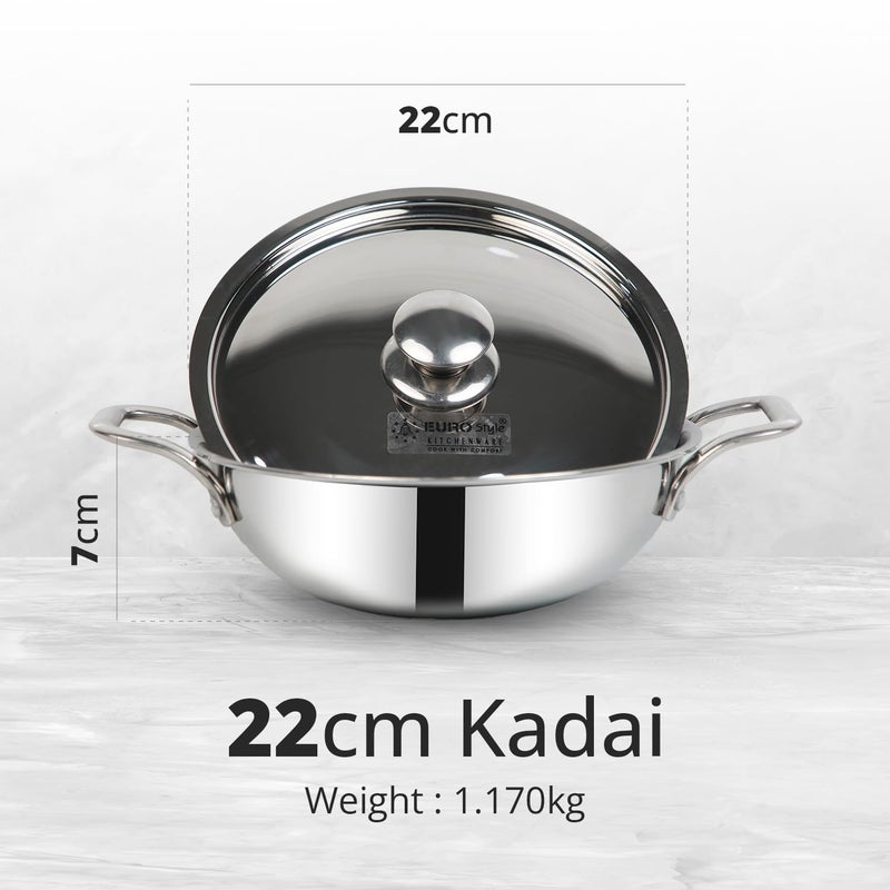 EuroStyle Eurostyle Extra Deep Triply Stainless Steel Kadai with Lid 22cm 15L InductionCompatible Heavy Bottom Premium Cookware Long Lasting Durability with Mirror Finish 15 Liters - Image 2