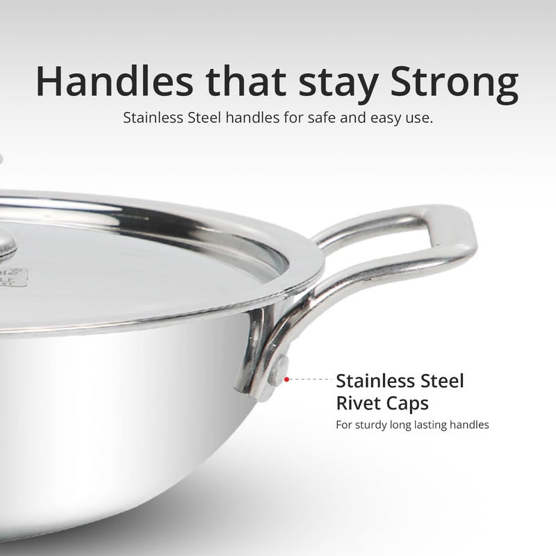 EuroStyle Eurostyle Extra Deep Triply Stainless Steel Kadai with Lid 22cm 15L InductionCompatible Heavy Bottom Premium Cookware Long Lasting Durability with Mirror Finish 15 Liters - Image 4