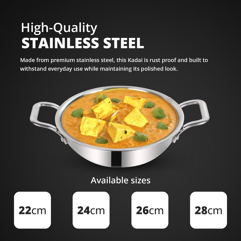 EuroStyle Eurostyle Extra Deep Triply Stainless Steel Kadai with Lid 22cm 15L InductionCompatible Heavy Bottom Premium Cookware Long Lasting Durability with Mirror Finish 15 Liters - Image 5