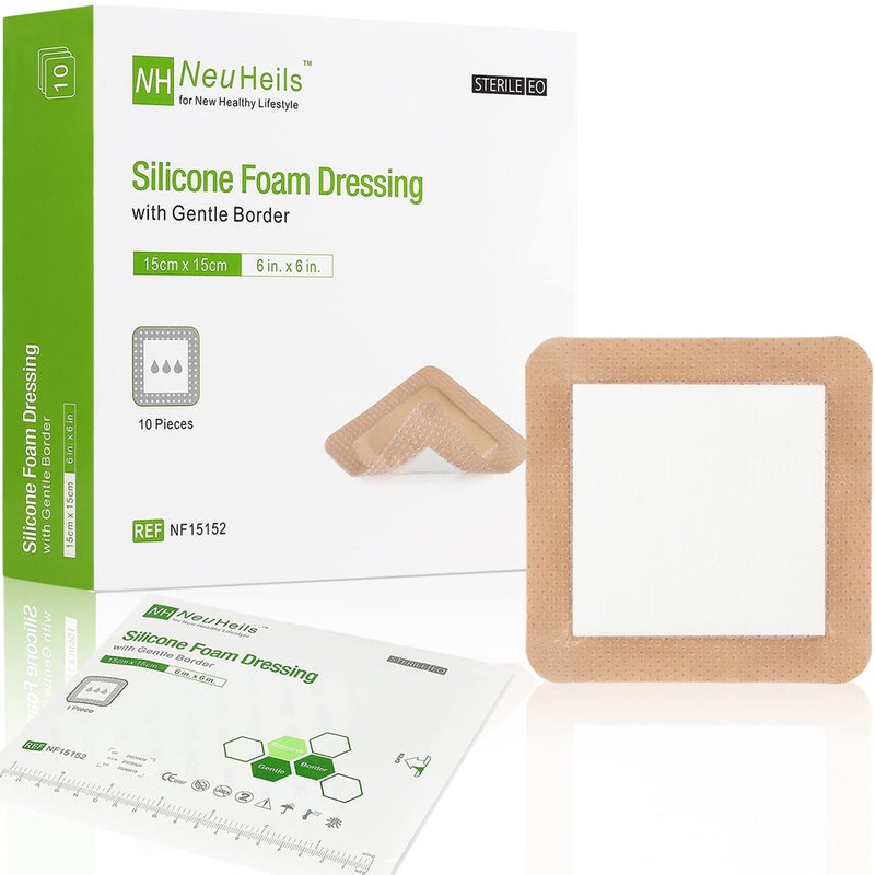 Silicone Adhesive Foam Dressing with Gentle Border 6x6 10 Packs for Bed Sore Leg Ulcer High Absorbency Waterproof Silicone Wound Bandages by NeuHeils