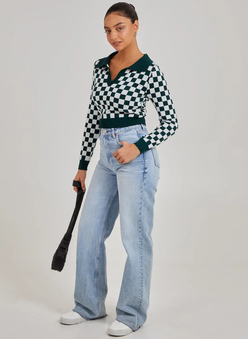 Pink Vanilla Notch Collar Checkered Top