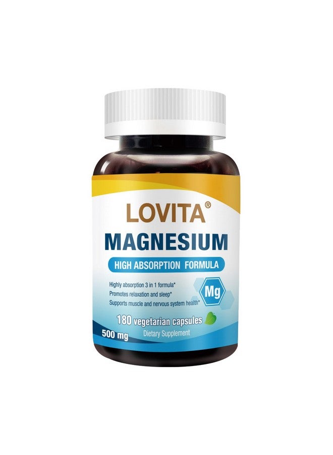 Lovita Triple Magnesium Complex 500mg, High Absorption and Potency Formula, Glycinate, Citrate & Oxide, Support Sleep, Relaxation, Heart, Nerves & Bone Health, 180 Vegan Capsules - Image 1