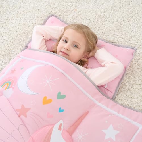 UOMNY Toddler Nap Mat - 1 Pack Girls Sleeping Bag with Removable Pillow - Unicorn 53x21Inch Kids Preschool Nap Sack with Pillow Pink Girls Napper Nap Mats for Daycare Napping Bag for Girls - Image 2