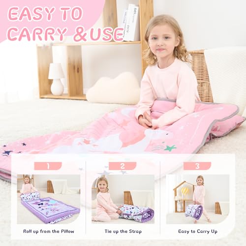 UOMNY Toddler Nap Mat - 1 Pack Girls Sleeping Bag with Removable Pillow - Unicorn 53x21Inch Kids Preschool Nap Sack with Pillow Pink Girls Napper Nap Mats for Daycare Napping Bag for Girls - Image 3