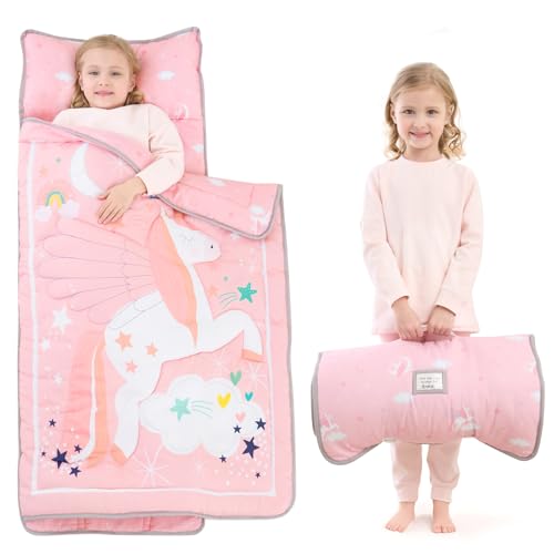 UOMNY Toddler Nap Mat - 1 Pack Girls Sleeping Bag with Removable Pillow - Unicorn 53x21Inch Kids Preschool Nap Sack with Pillow Pink Girls Napper Nap Mats for Daycare Napping Bag for Girls - Image 1